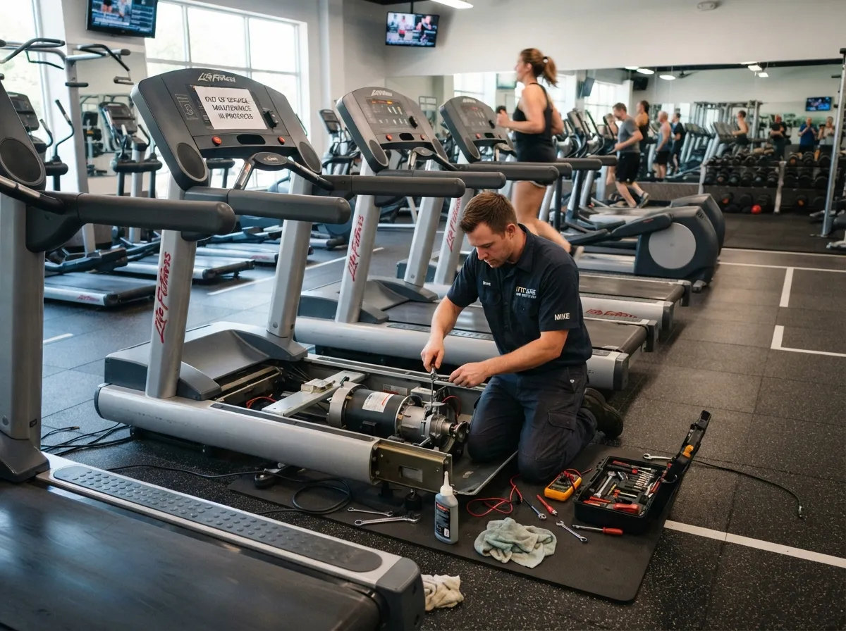 Técnico dando mantenimiento al motor de una caminadora en el piso de un gimnasio